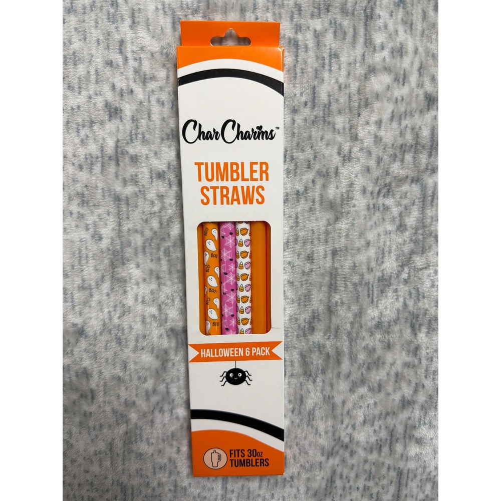CharCharms Halloween Tumbler Straws 6 Pack Orange Ghost Candy Corn‎ Fits 30oz